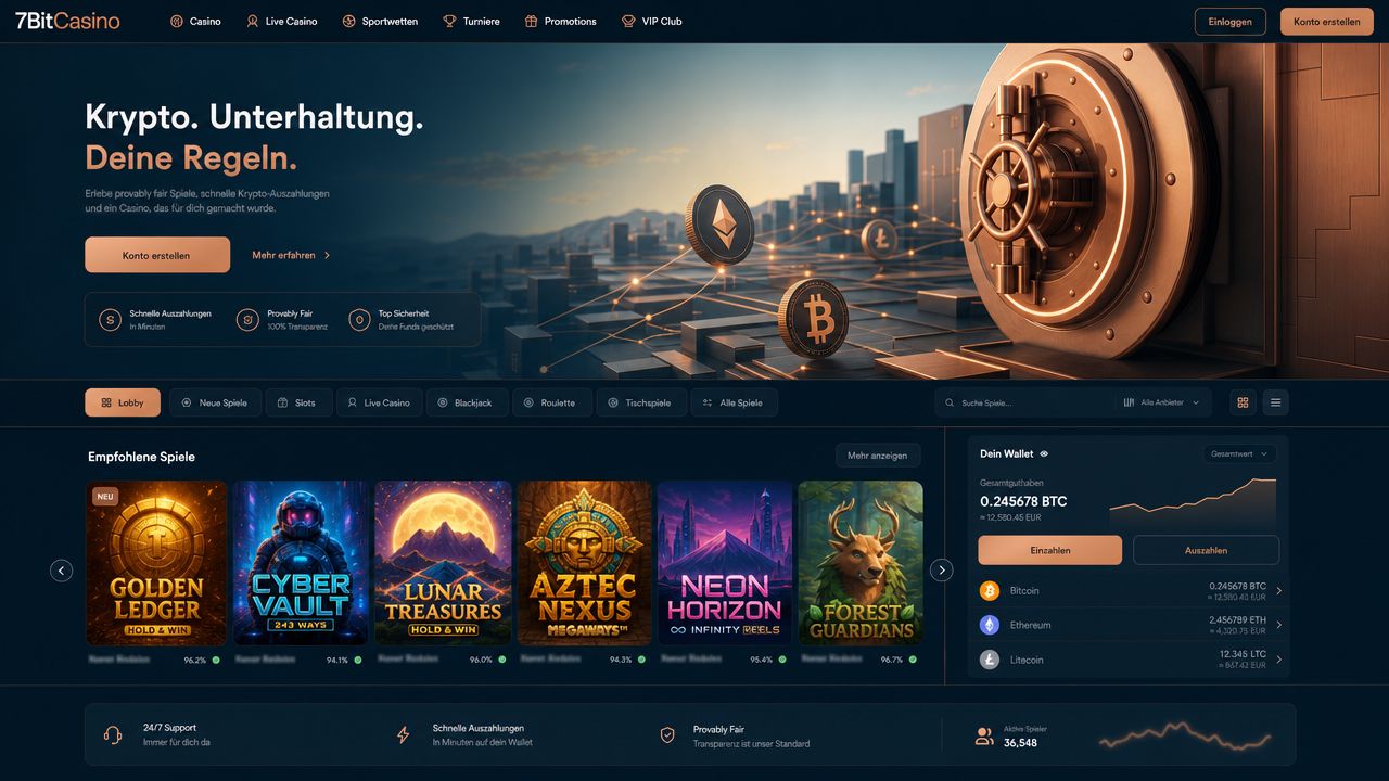 Startseite von 7BitCasino mit Wallet-Widget, Kategorie-Tabs und Slot-Kacheln