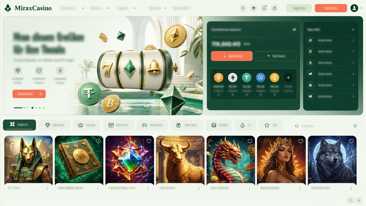 Startseite von MiraxCasino mit Slot-Kacheln, Kategorien und Wallet-Bereich