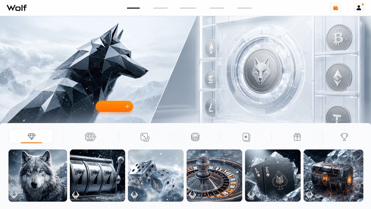 Illustrative Desktop-Ansicht einer Casino-Startseite im Stil von Wolf.io mit Spielkategorien