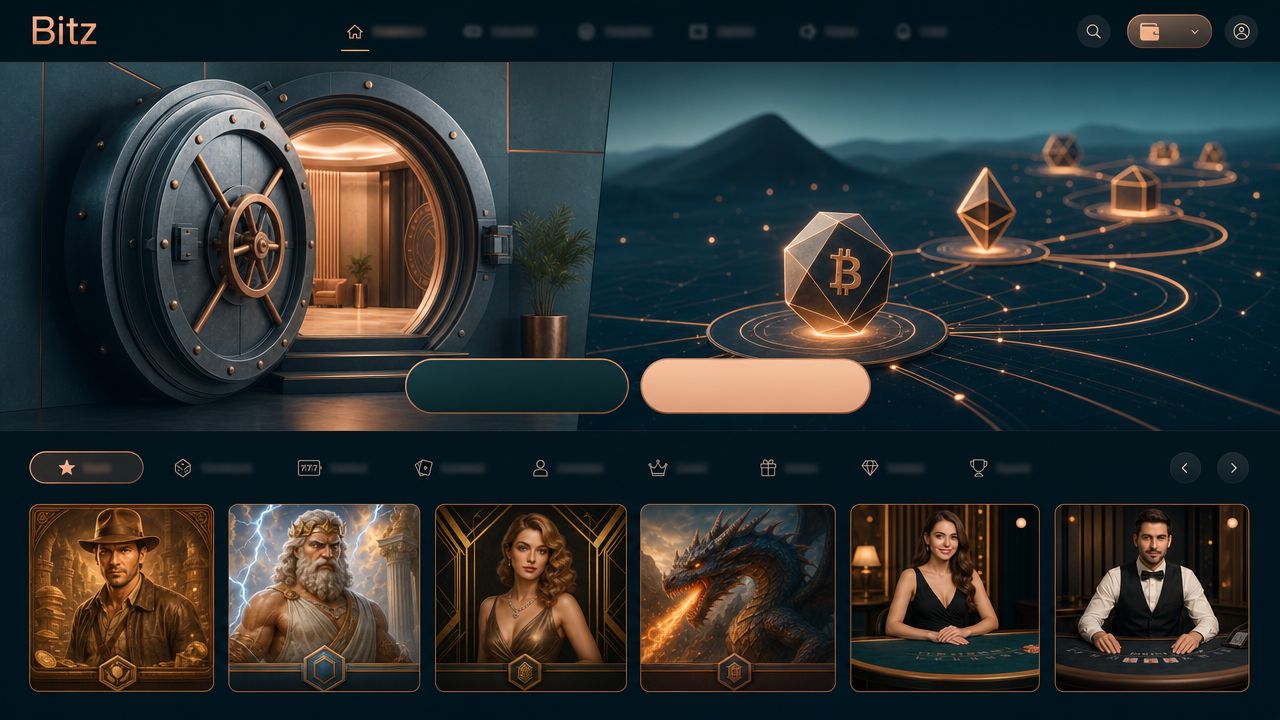 Startseite des Online-Casinos Bitz mit Spielkategorien, Slot-Kacheln und Live-Tischen