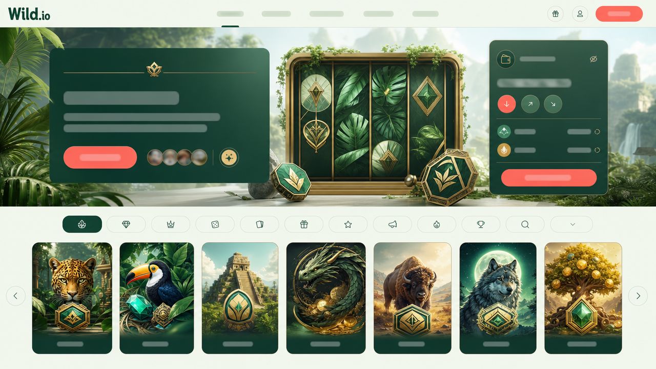 Startseite des Krypto-Casinos Wild.io mit Spielkategorien und Wallet-Bereich