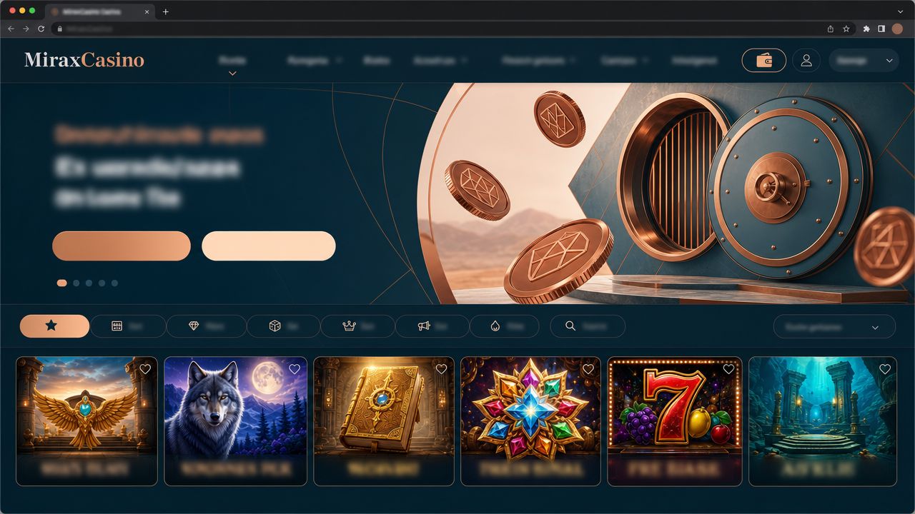 Startseite von MiraxCasino mit Spielkategorien und Slot-Übersicht