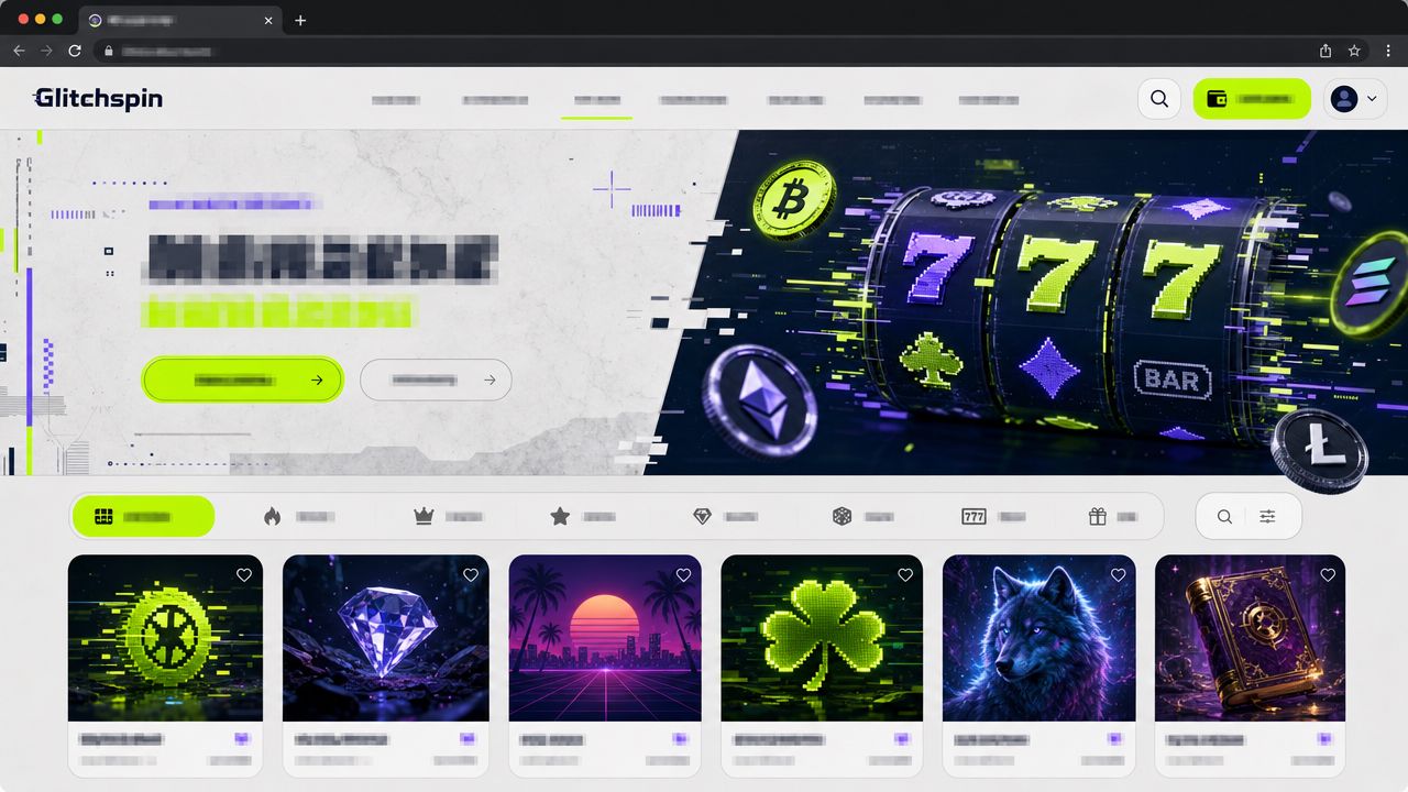 Startseite von Glitchspin im Retro-Glitch-Design mit Spielautomaten und Spielkacheln