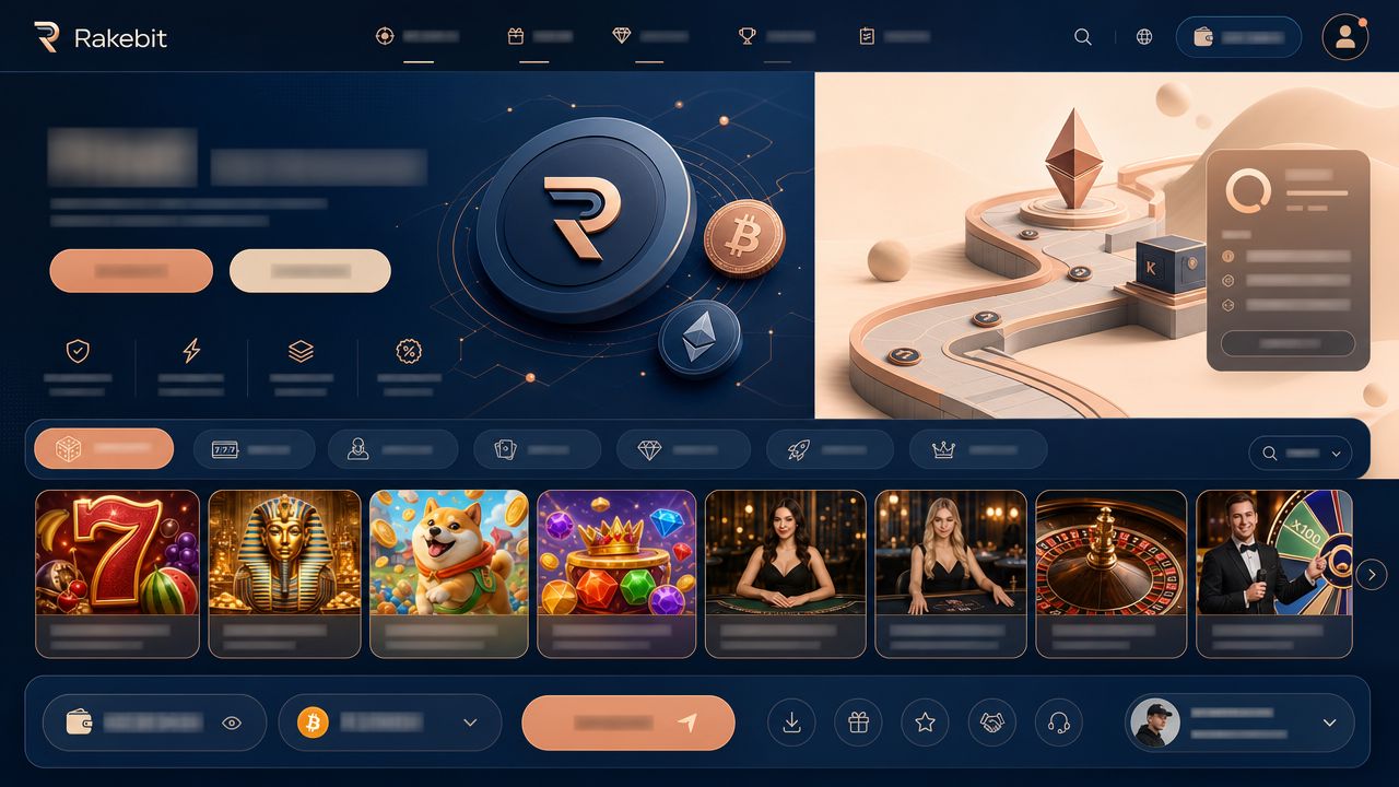 Startseite von Rakebit mit Spielkategorien, Slot-Kacheln und Wallet-Bereich