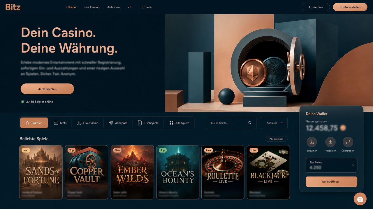 Startseite des Online-Casinos Bitz mit Spielkategorien und Wallet-Bereich