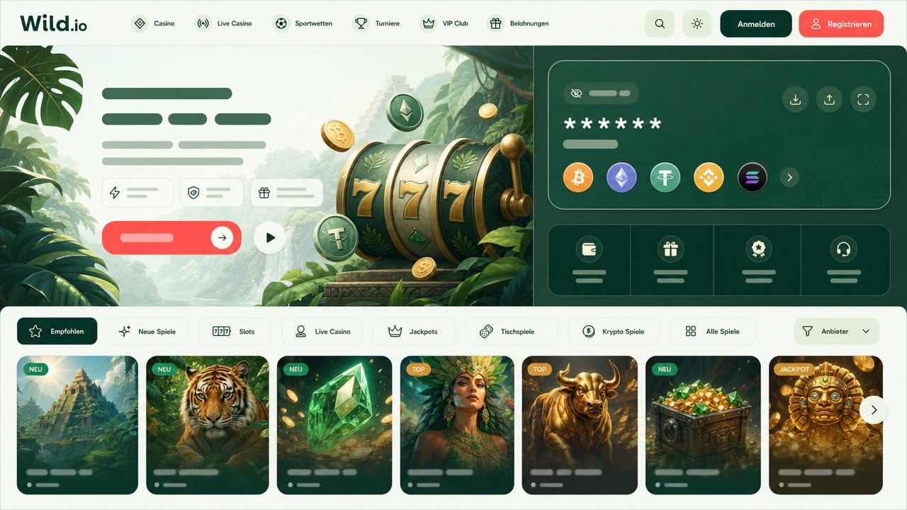 Illustrierte Desktop-Ansicht der Wild.io-Startseite mit Spielkategorien und Wallet-Bereich