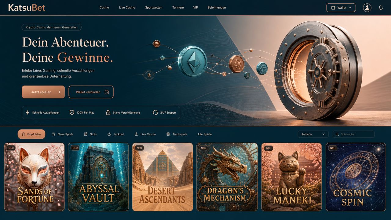 Startseite von KatsuBet mit Spielkategorien und Slot-Übersicht