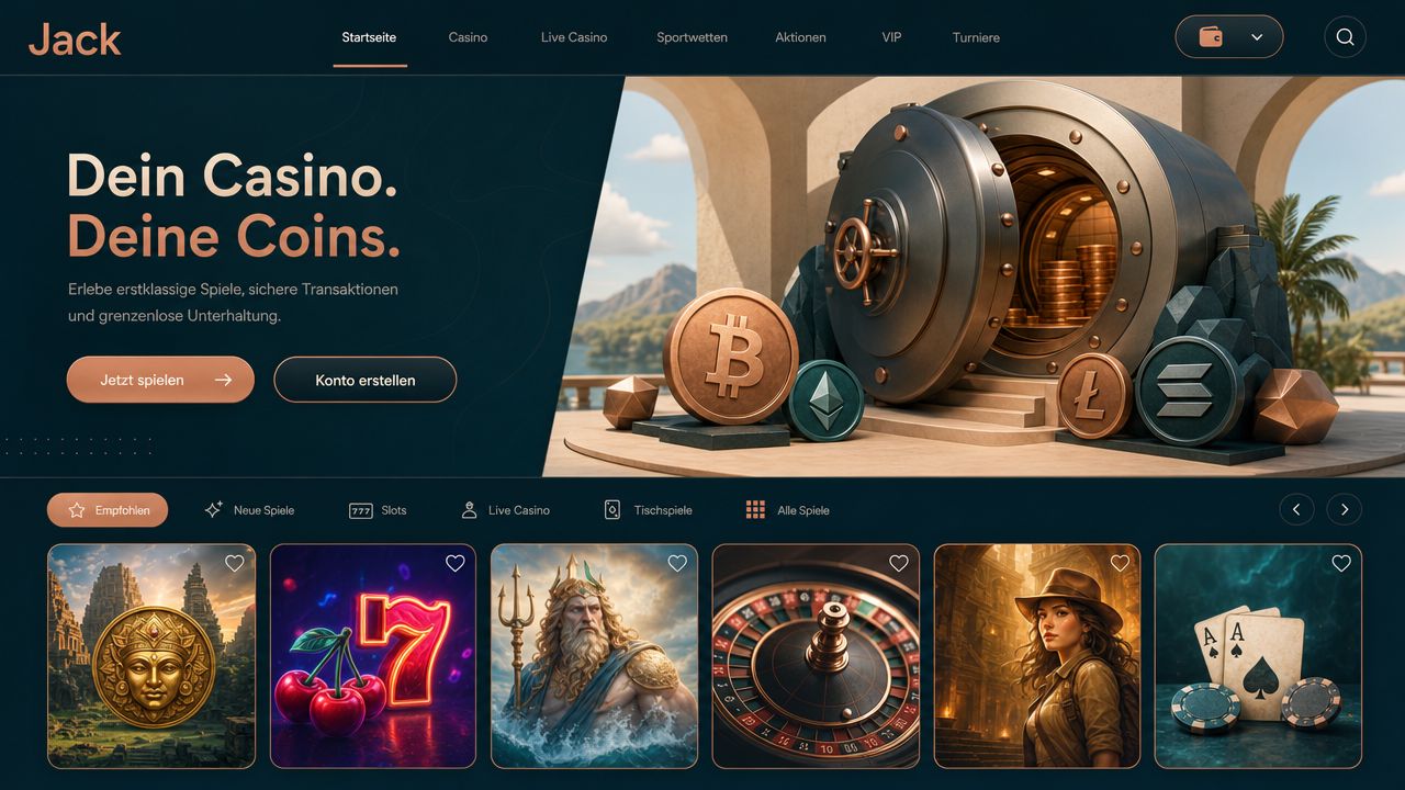 Startseite von Jack Casino mit Navigationsleiste, Kategorien und Spielübersicht