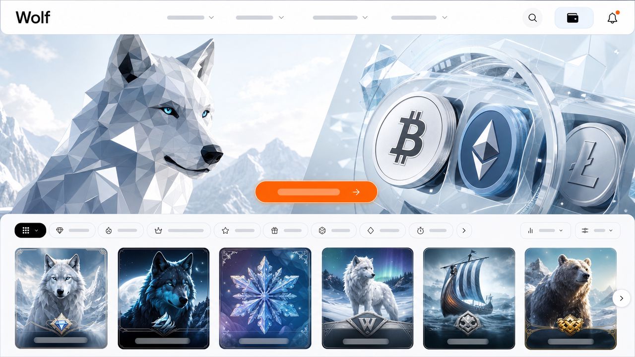 Startseite von Wolf.io mit Slot-Kacheln und Wallet-Symbol im hellen Design