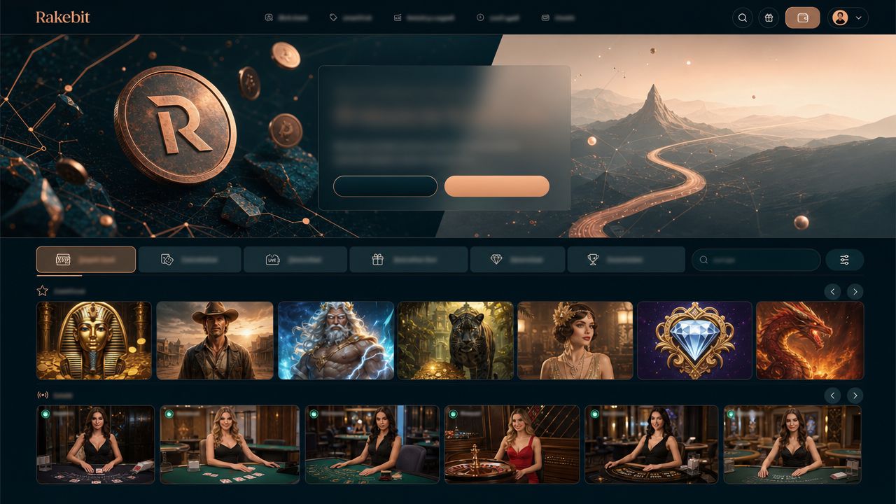 Startseite von Rakebit mit Spielkategorien, Slot- und Live-Spiel-Kacheln